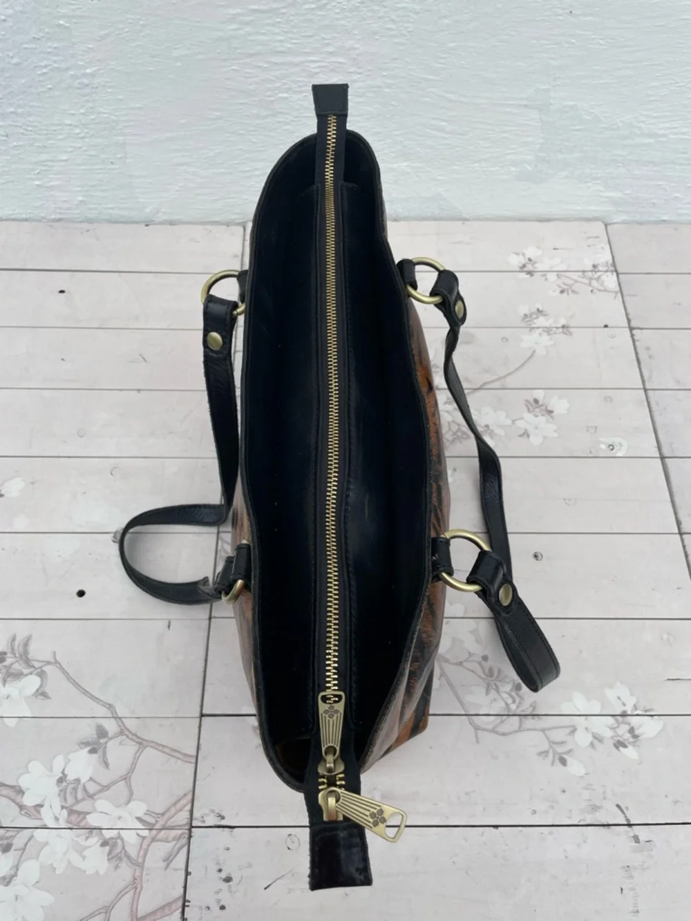 Patricia Nash Black Leather Duffel with Brown Suede Interior